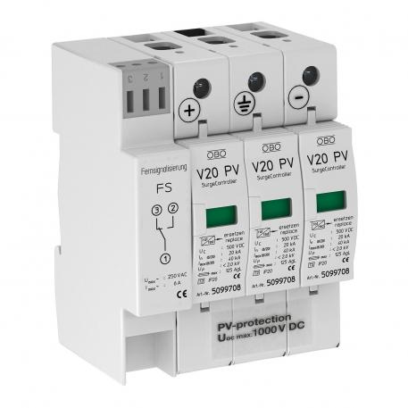 光伏系统电涌保护器V20, 1000 V DC，带遥信报警装置 3 | IP20